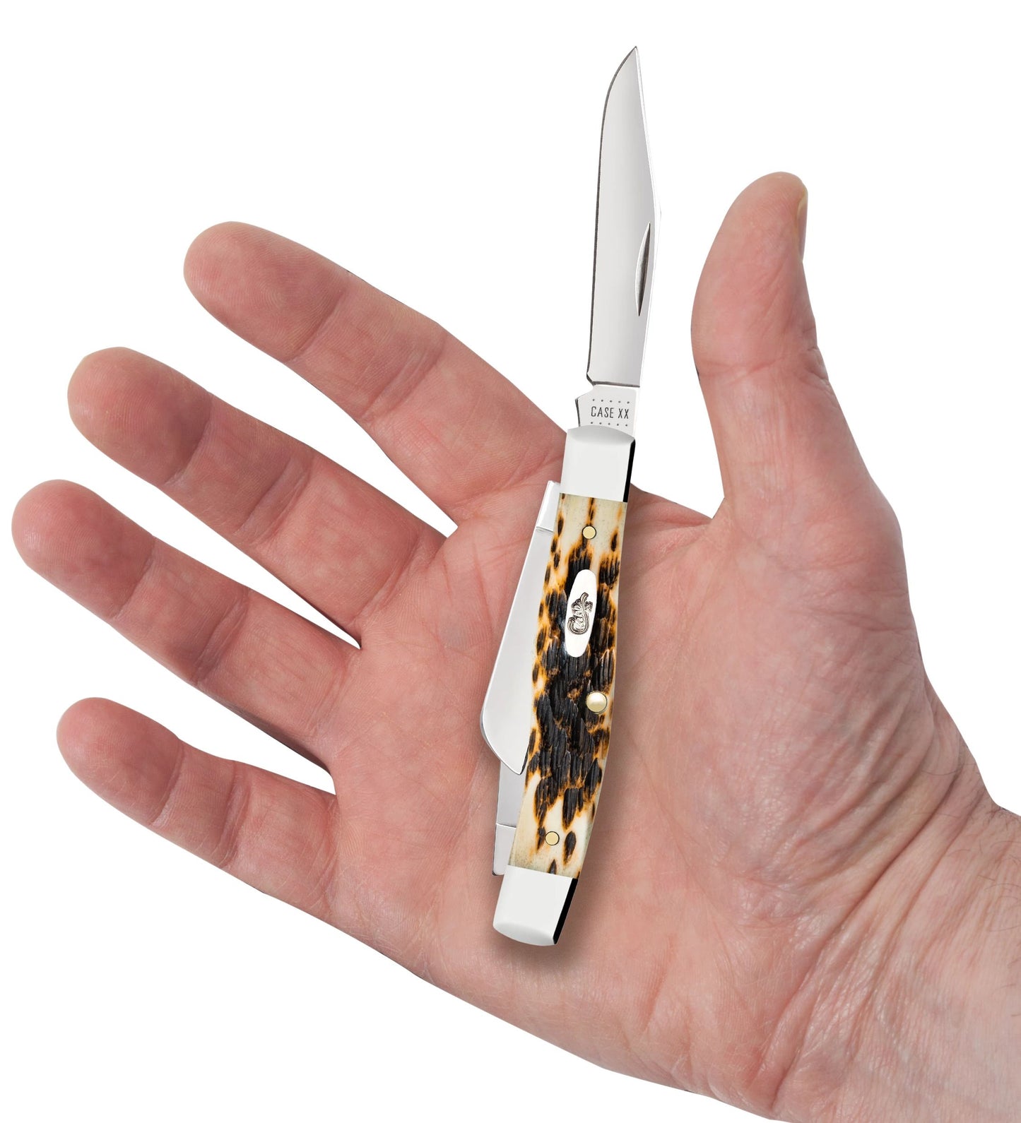 Case 00079 Medium Stockman pocket knife with peach seed jigged amber bone handle and nickel silver bolsters — ClassicBlades