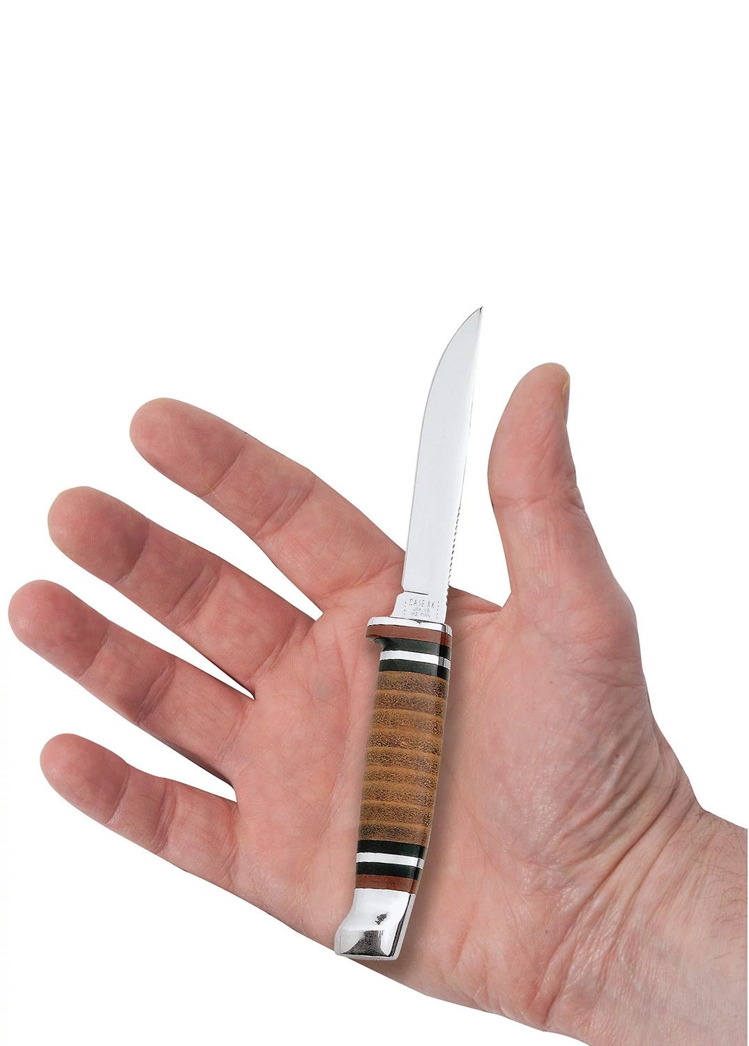 Case 00379 Mini Finn Hunter polished leather handle with aluminum finger guard and pommel detail — ClassicBlades