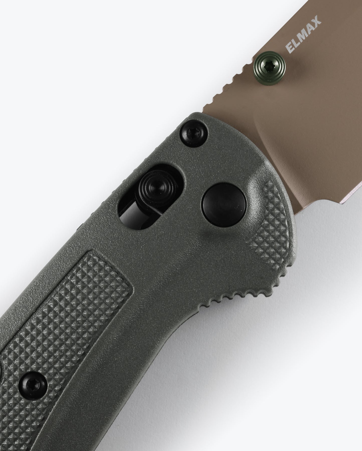 Benchmade 15536TN-02 Taggedout deep olive Grivory handle with OD green anodized thumb stud, barrel spacers and black oxide hardware — ClassicBlades