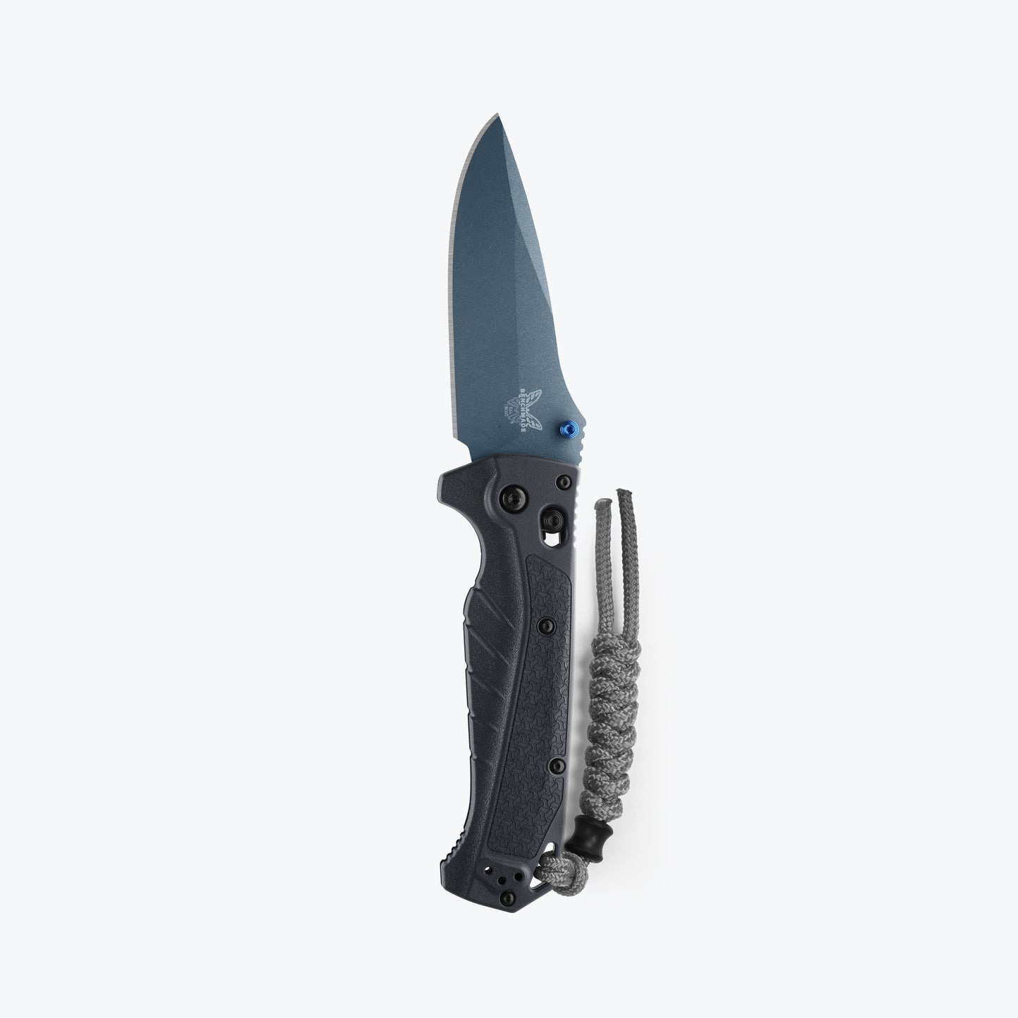 Benchmade 18060BT-01 Adira tempest gray Grivory handle with blue PVD thumb stud, charcoal paracord lanyard and AXIS Lock detail — ClassicBlades