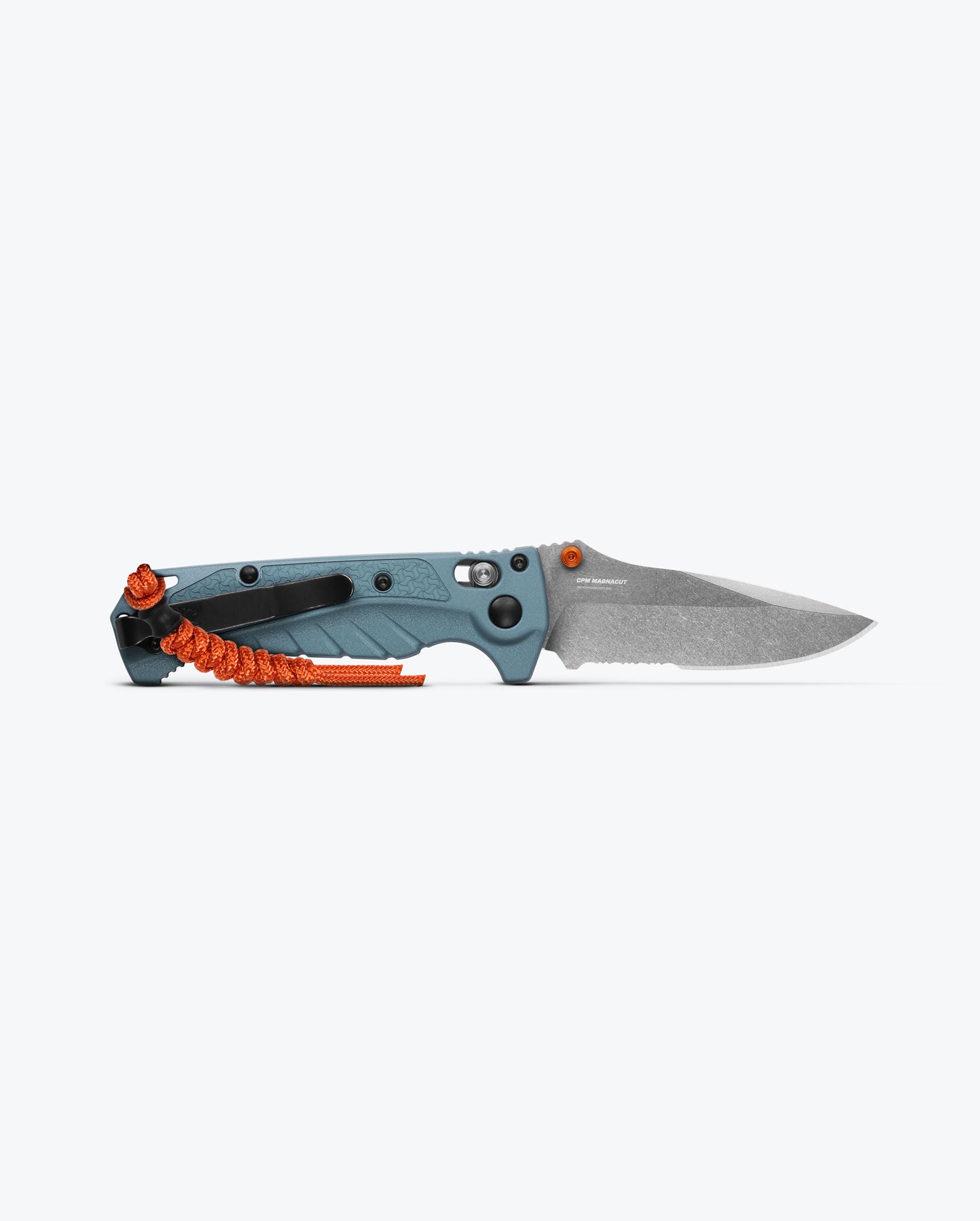 Benchmade 18065S Mini Adira depth blue Grivory handle with orange thumb stud, orange paracord lanyard and AXIS Lock detail — ClassicBlades
