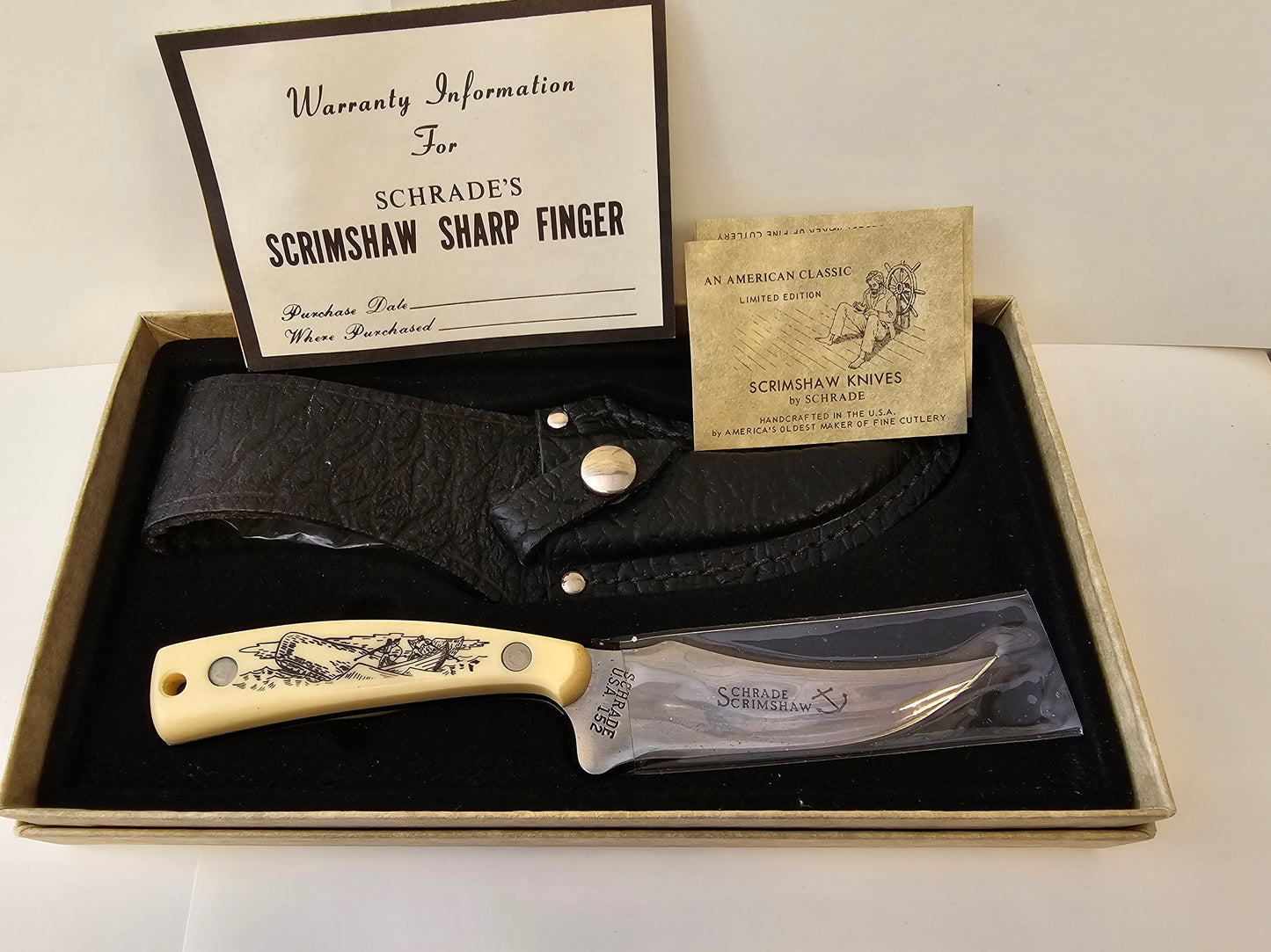 Vintage Schrade USA 1976 Scrimshaw Sharpfinger 152SC Knife Original Box and Papers - Never Sharpened, Carried or Cleaned MINT Untouched Condition