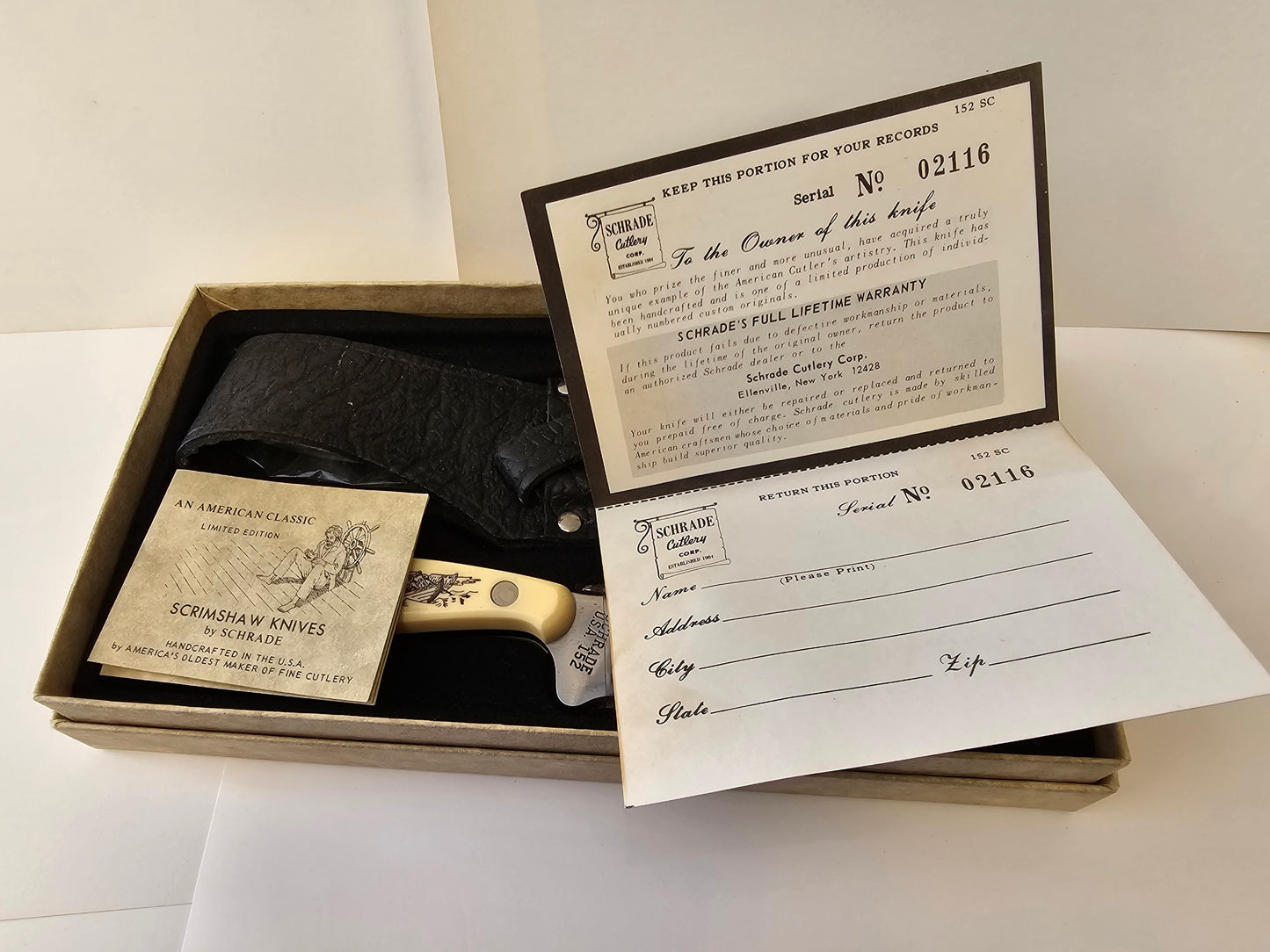Vintage Schrade USA 1976 Scrimshaw Sharpfinger 152SC Knife Original Box and Papers - Never Sharpened, Carried or Cleaned MINT Untouched Condition