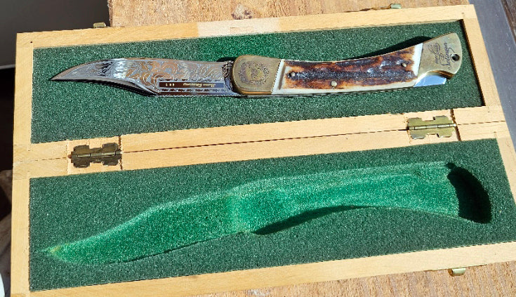 Vintage Puma Solingen Germany 1769 Anno 200th Anniversary Gold Etch Large Lockback Knife Serial #609 in Original Wood Box c.1969