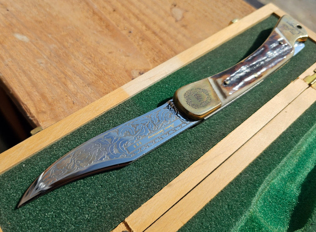 Vintage Puma Solingen Germany 1769 Anno 200th Anniversary Gold Etch Large Lockback Knife Serial #609 in Original Wood Box c.1969