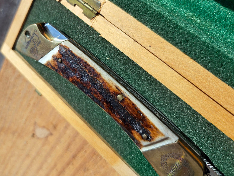 Vintage Puma Solingen Germany 1769 Anno 200th Anniversary Gold Etch Large Lockback Knife Serial #609 in Original Wood Box c.1969