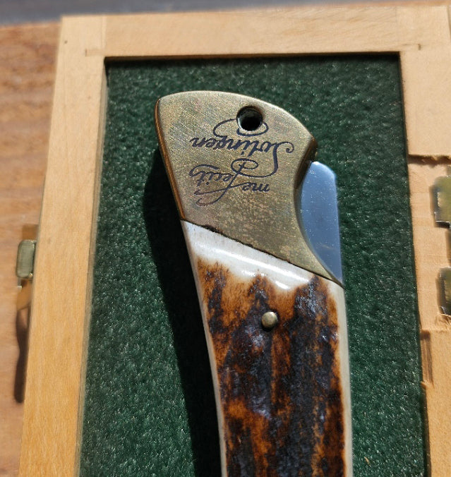 Vintage Puma Solingen Germany 1769 Anno 200th Anniversary Gold Etch Large Lockback Knife Serial #609 in Original Wood Box c.1969