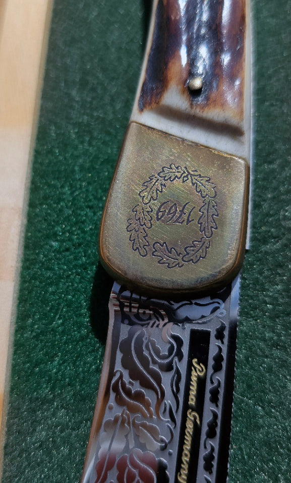 Vintage Puma Solingen Germany 1769 Anno 200th Anniversary Gold Etch Large Lockback Knife Serial #609 in Original Wood Box c.1969