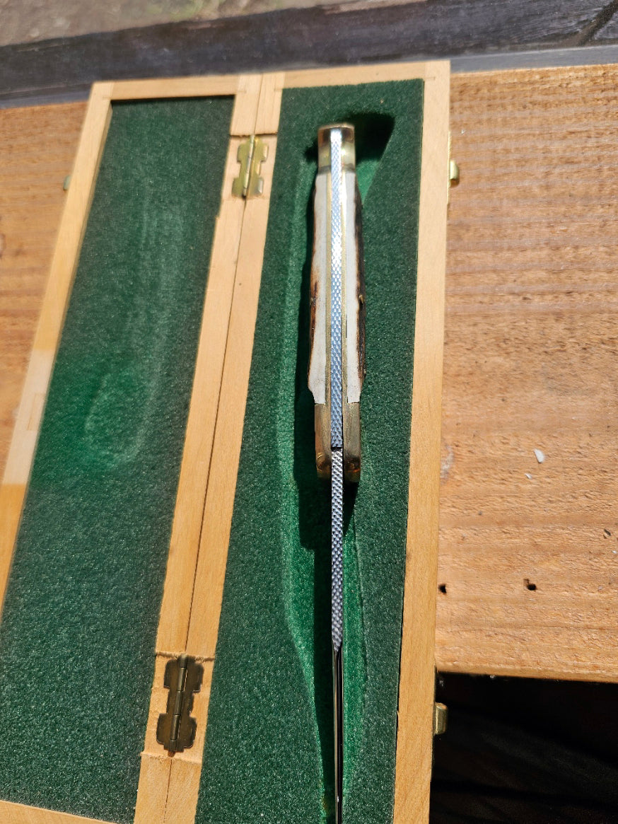 Vintage Puma Solingen Germany 1769 Anno 200th Anniversary Gold Etch Large Lockback Knife Serial #609 in Original Wood Box c.1969