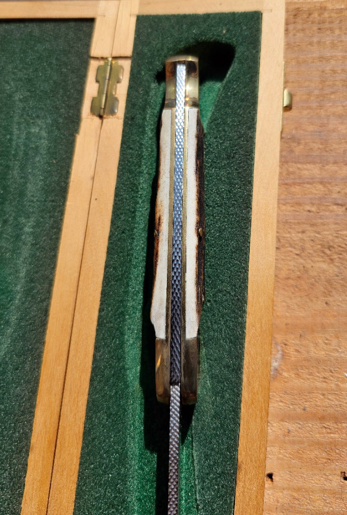 Vintage Puma Solingen Germany 1769 Anno 200th Anniversary Gold Etch Large Lockback Knife Serial #609 in Original Wood Box c.1969