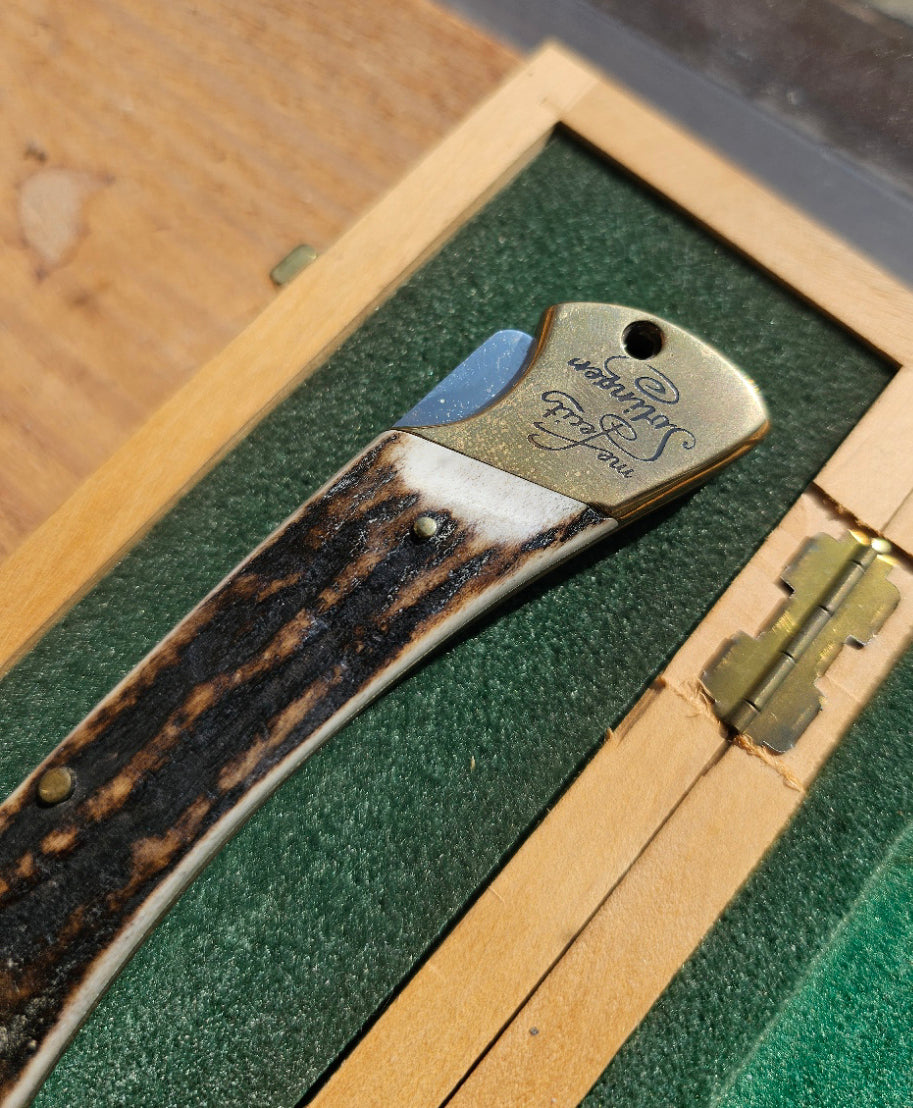 Vintage Puma Solingen Germany 1769 Anno 200th Anniversary Gold Etch Large Lockback Knife Serial #609 in Original Wood Box c.1969