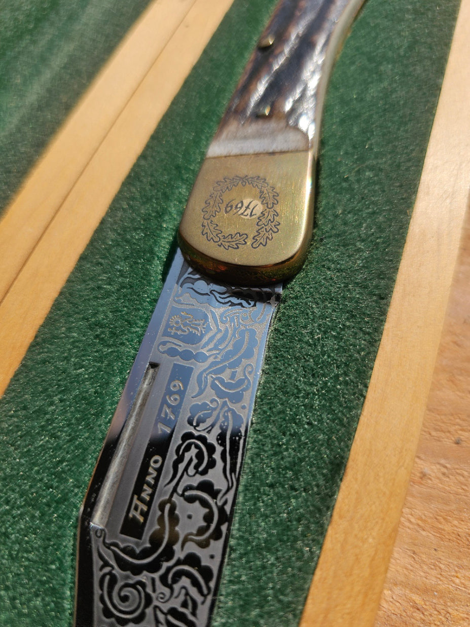 Vintage Puma Solingen Germany 1769 Anno 200th Anniversary Gold Etch Large Lockback Knife Serial #609 in Original Wood Box c.1969
