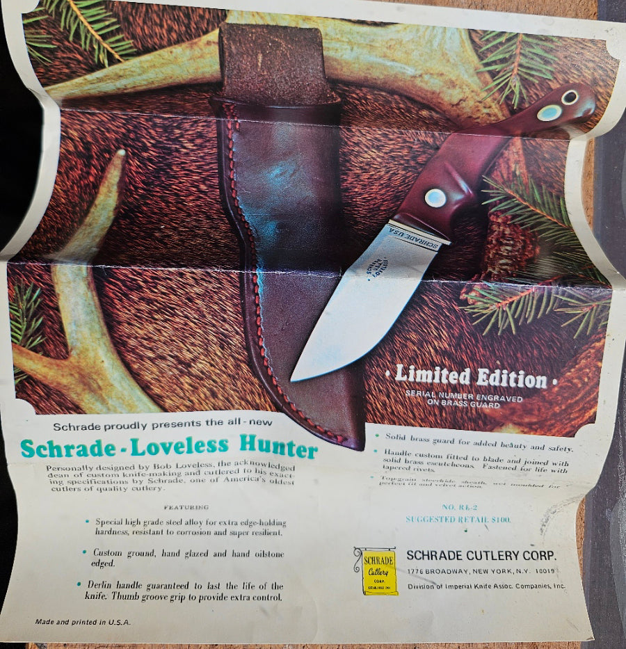 Vintage Schrade - Loveless Hunter # RL-2 Burgundy Delrin handles with Brass Guard #3902 Drop Point