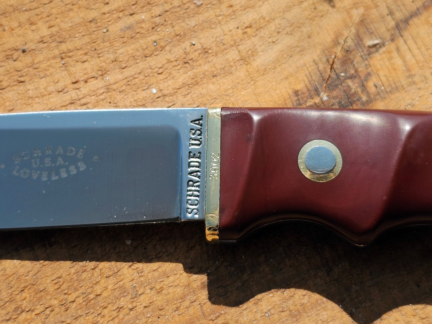 Vintage Schrade - Loveless Hunter # RL-2 Burgundy Delrin handles with Brass Guard #3902 Drop Point