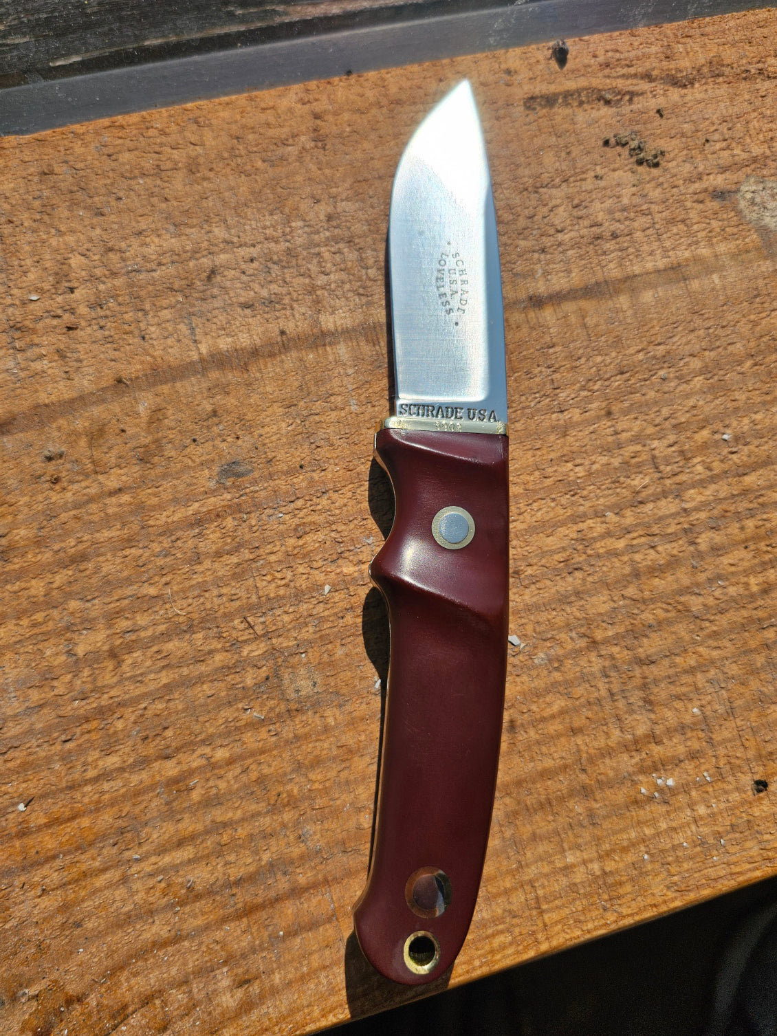 Vintage Schrade - Loveless Hunter # RL-2 Burgundy Delrin handles with Brass Guard #3902 Drop Point