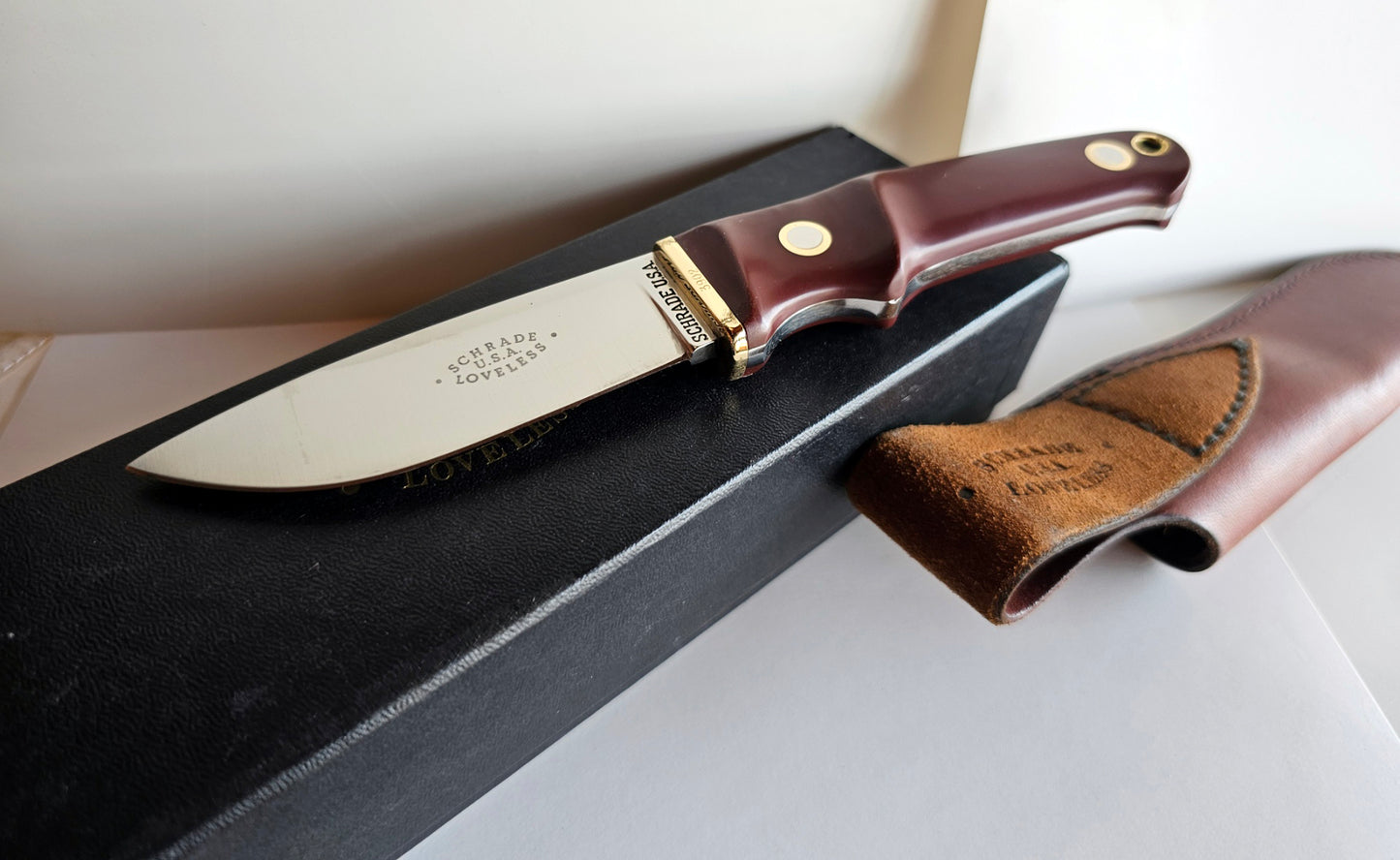 Vintage Schrade - Loveless Hunter # RL-2 Burgundy Delrin handles with Brass Guard #3902 Drop Point