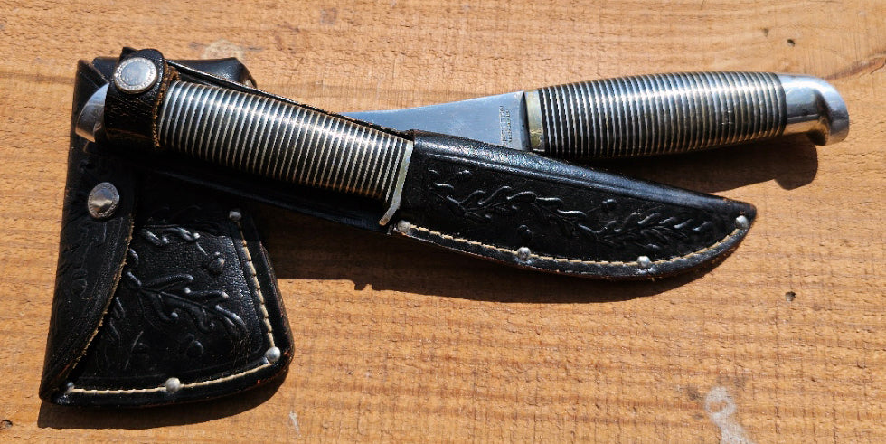 Vintage Western Boulder Co Black Beauty Fixed Blade and Hatchet with Original Combo Sheath