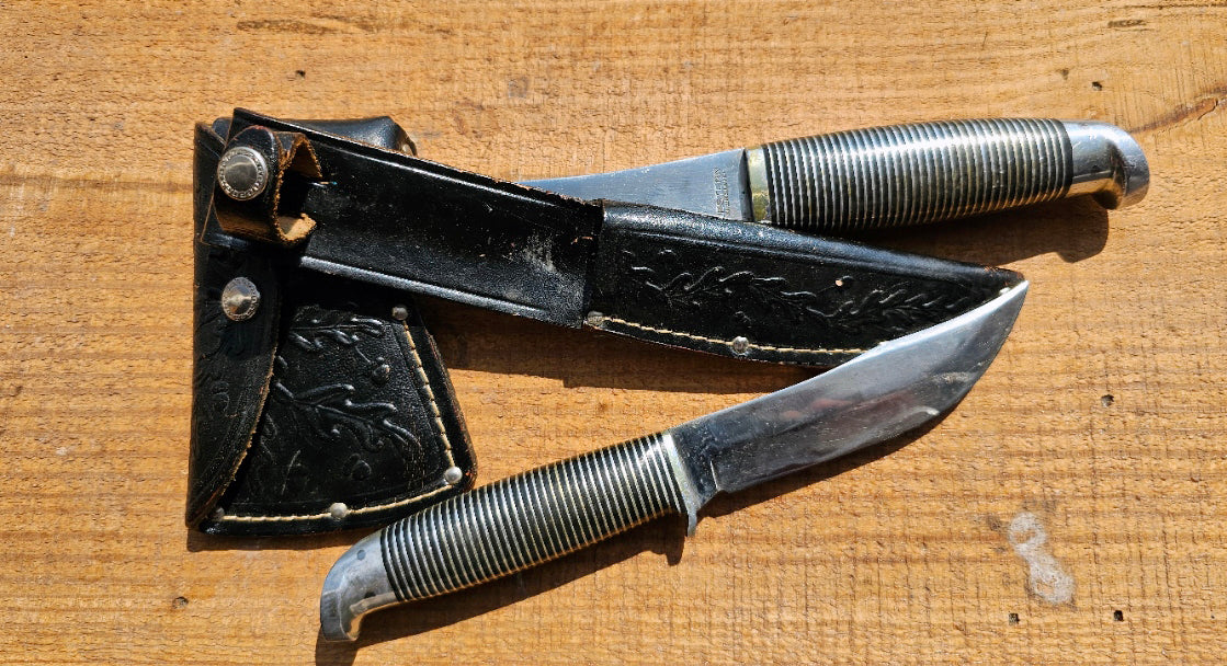 Vintage Western Boulder Co Black Beauty Fixed Blade and Hatchet with Original Combo Sheath