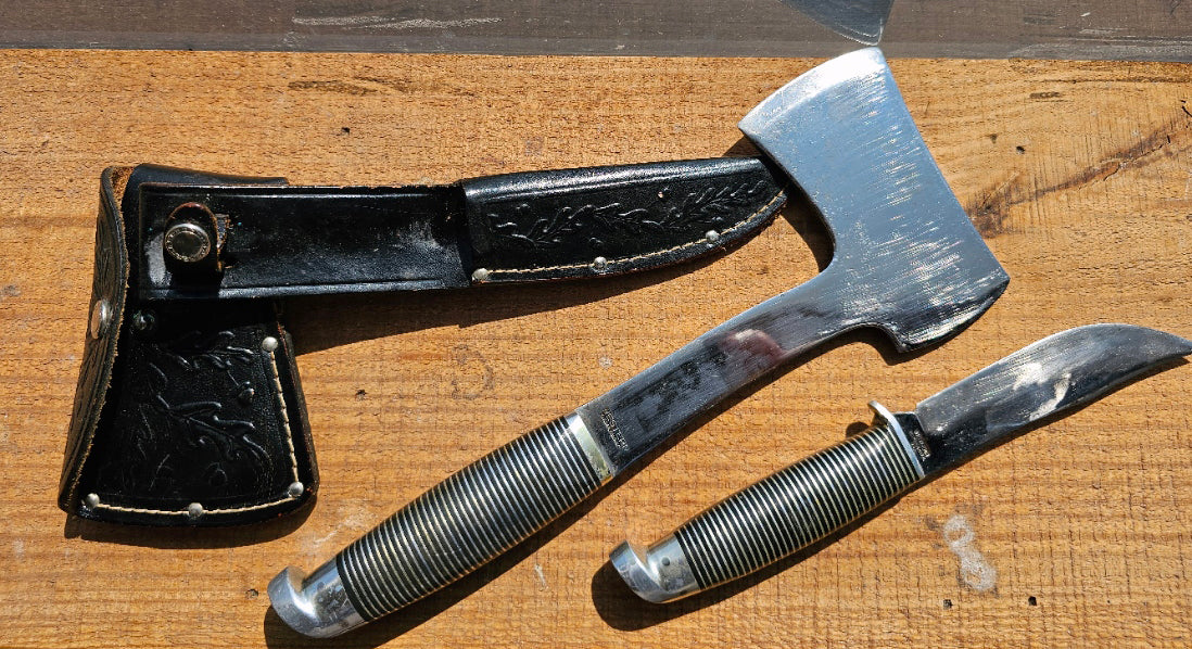 Vintage Western Boulder Co Black Beauty Fixed Blade and Hatchet with Original Combo Sheath