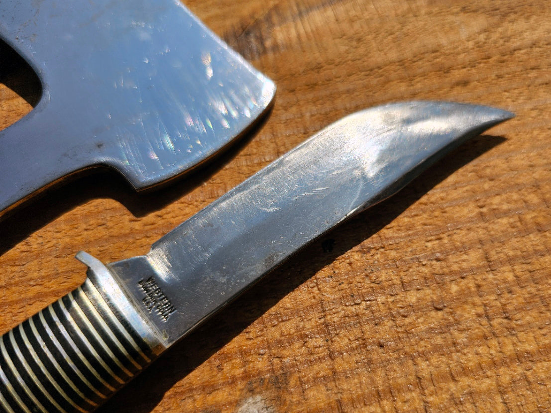 Vintage Western Boulder Co Black Beauty Fixed Blade and Hatchet with Original Combo Sheath
