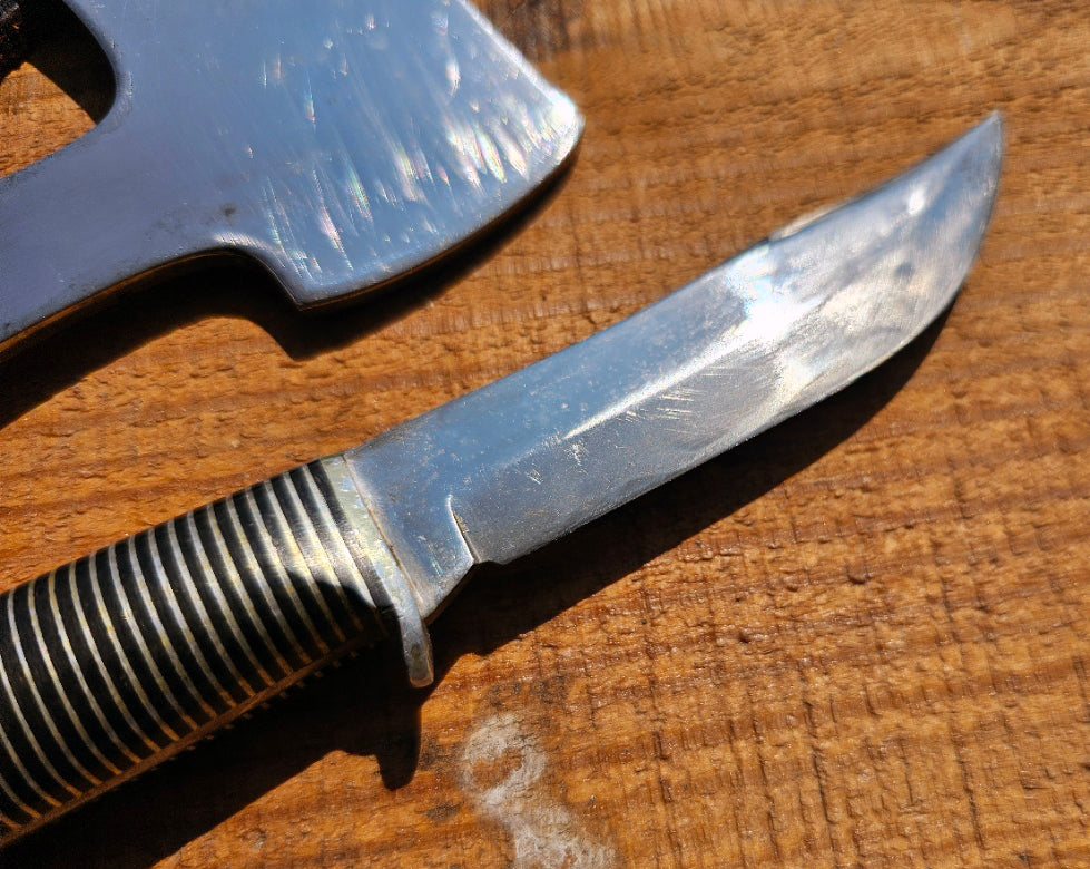 Vintage Western Boulder Co Black Beauty Fixed Blade and Hatchet with Original Combo Sheath