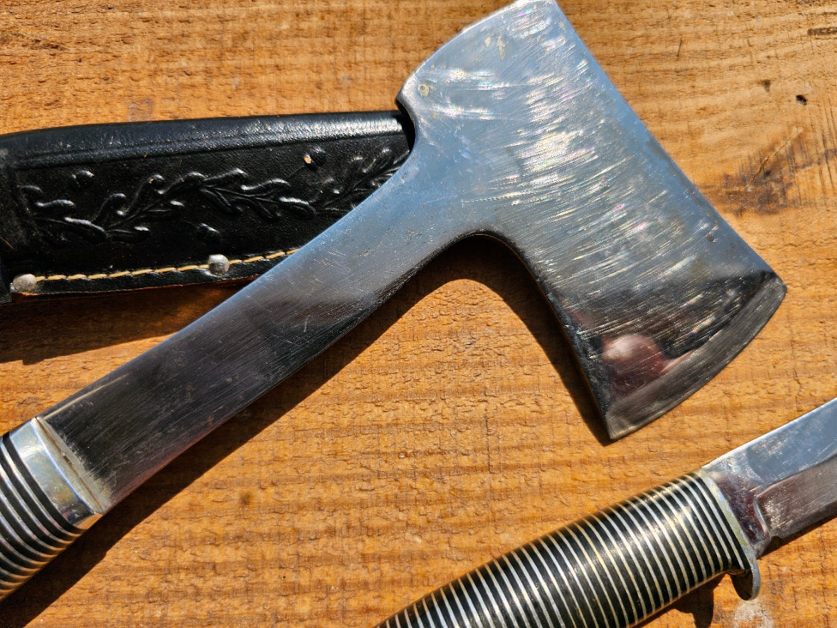 Vintage Western Boulder Co Black Beauty Fixed Blade and Hatchet with Original Combo Sheath