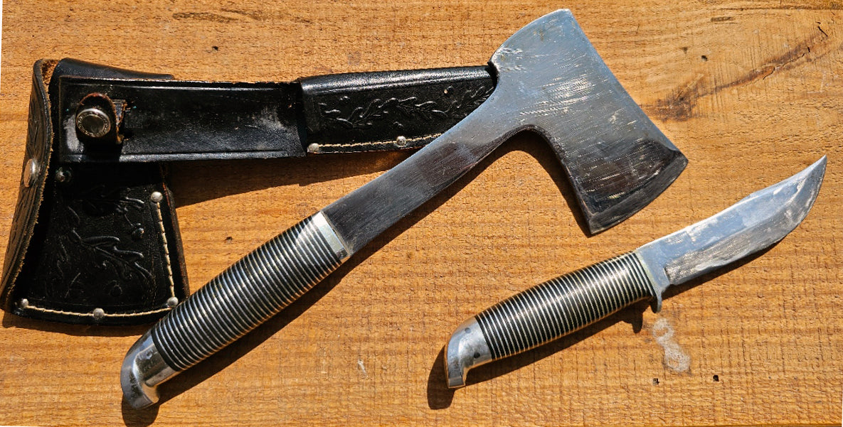Vintage Western Boulder Co Black Beauty Fixed Blade and Hatchet with Original Combo Sheath