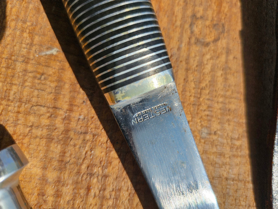 Vintage Western Boulder Co Black Beauty Fixed Blade and Hatchet with Original Combo Sheath