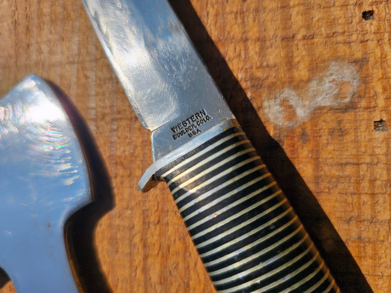 Vintage Western Boulder Co Black Beauty Fixed Blade and Hatchet with Original Combo Sheath