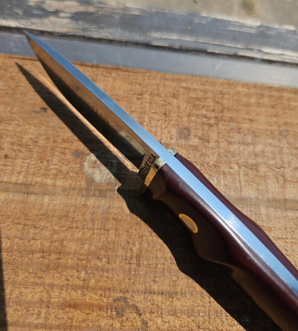 Vintage Schrade - Loveless Hunter # RL-2 Burgundy Delrin handles with Brass Guard #3902 Drop Point
