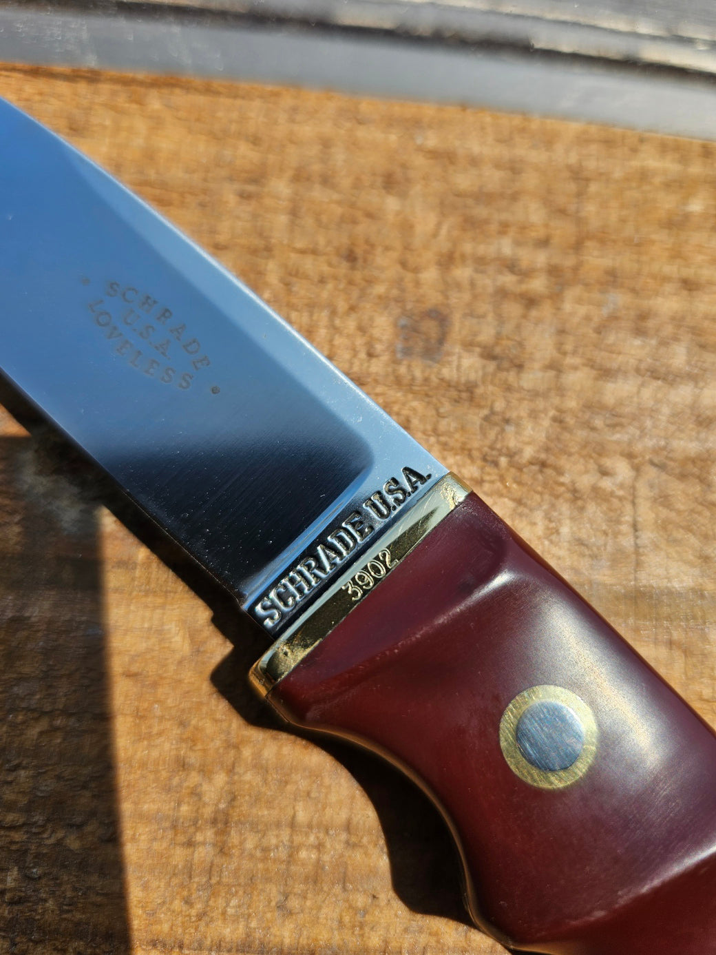 Vintage Schrade - Loveless Hunter # RL-2 Burgundy Delrin handles with Brass Guard #3902 Drop Point