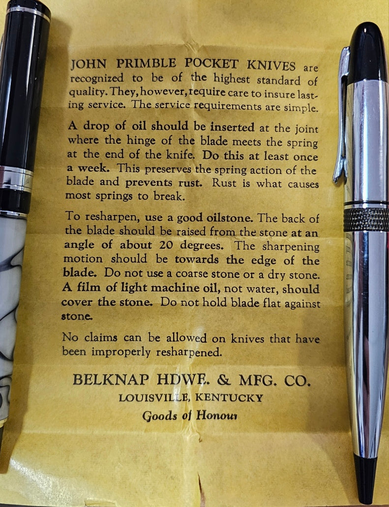 Vintage John Primble Belknap Inc. "The Colonel" Pattern 0001 Delrin Handles Stockman Knife MINT