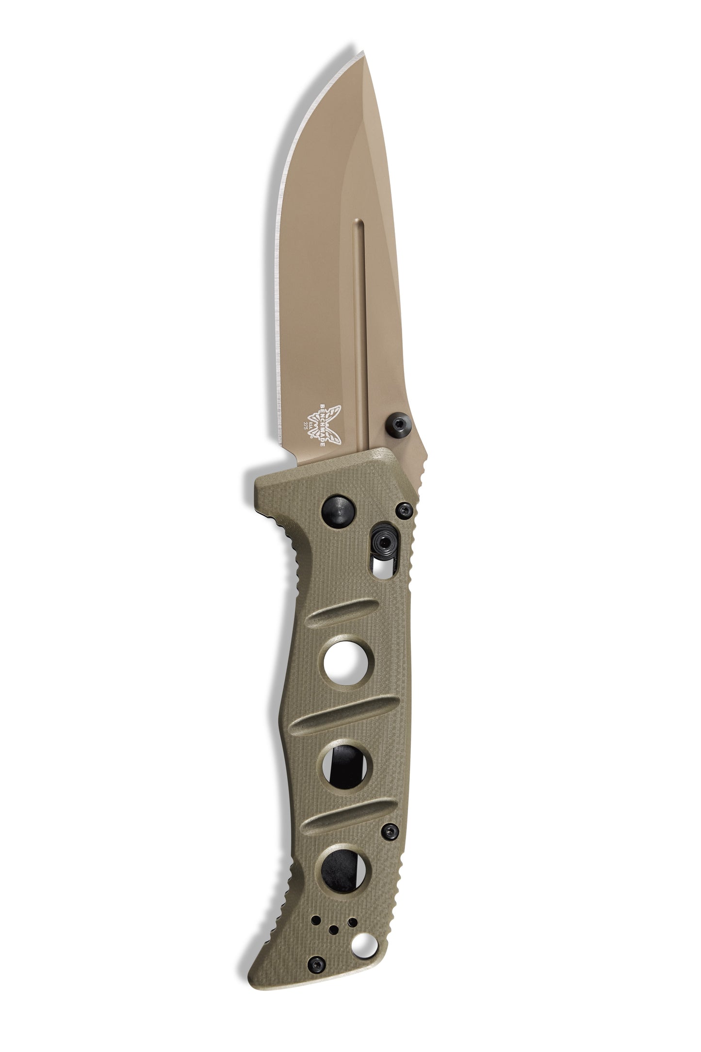 Benchmade 275FE-2 Adamas 3.78 inch CPM-CruWear Flat Earth Cerakote drop point blade with fullers and spine jimping detail — ClassicBlades