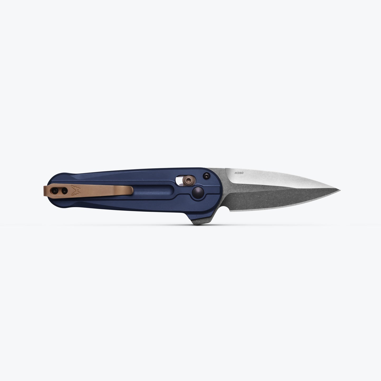 Benchmade 491 Lowden AXIS Lock flipper knife open with crater blue aluminum handle and FDE pocket clip — ClassicBlades