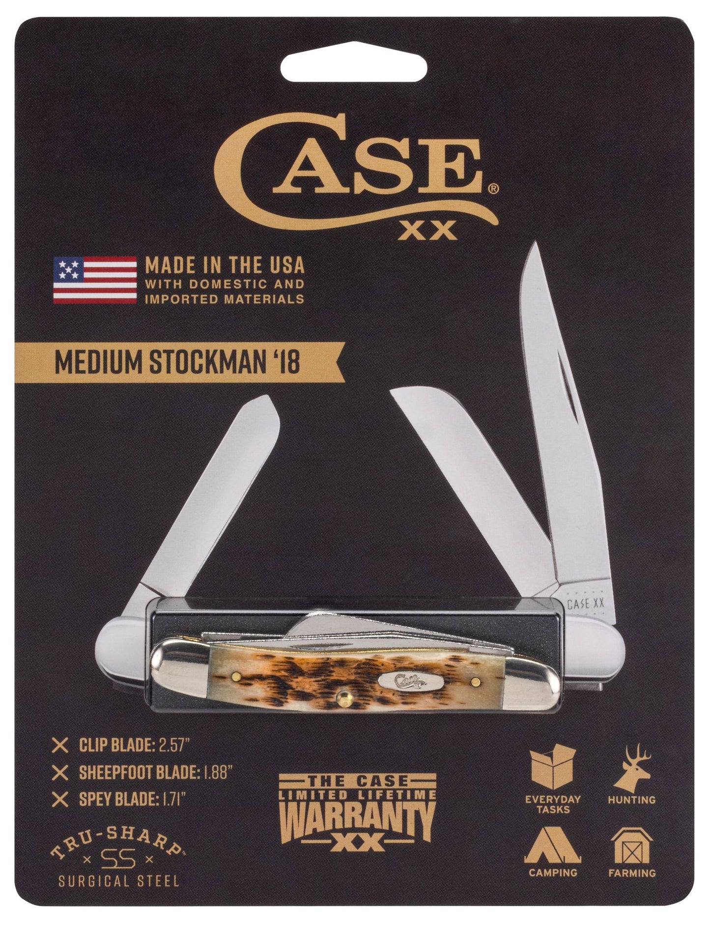 Case 00042 Medium Stockman pocket knife with peach seed jigged amber bone handle and nickel silver bolsters — ClassicBlades