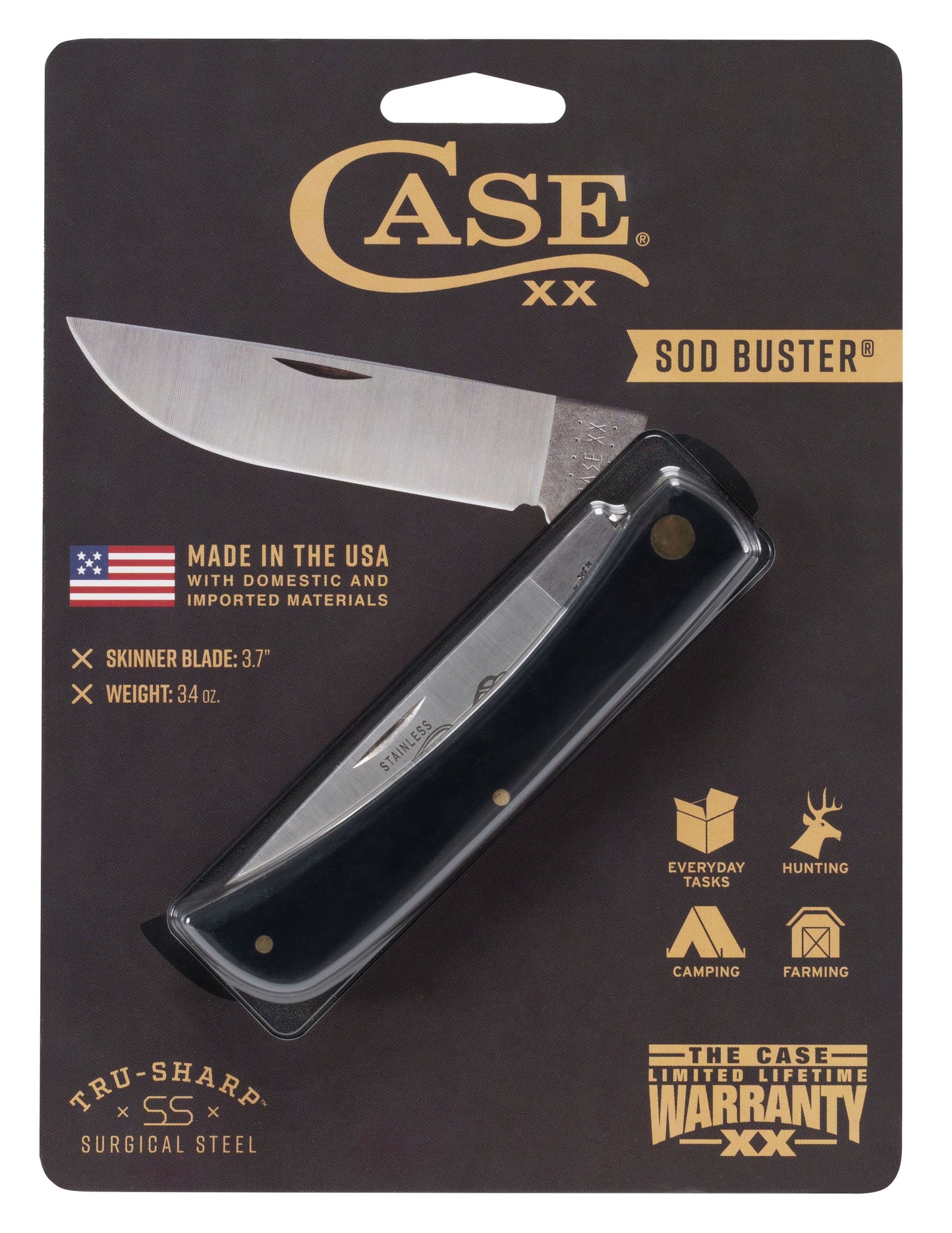 Case 00092 Sod Buster pocket knife with smooth black synthetic handle and polished skinner blade — ClassicBlades