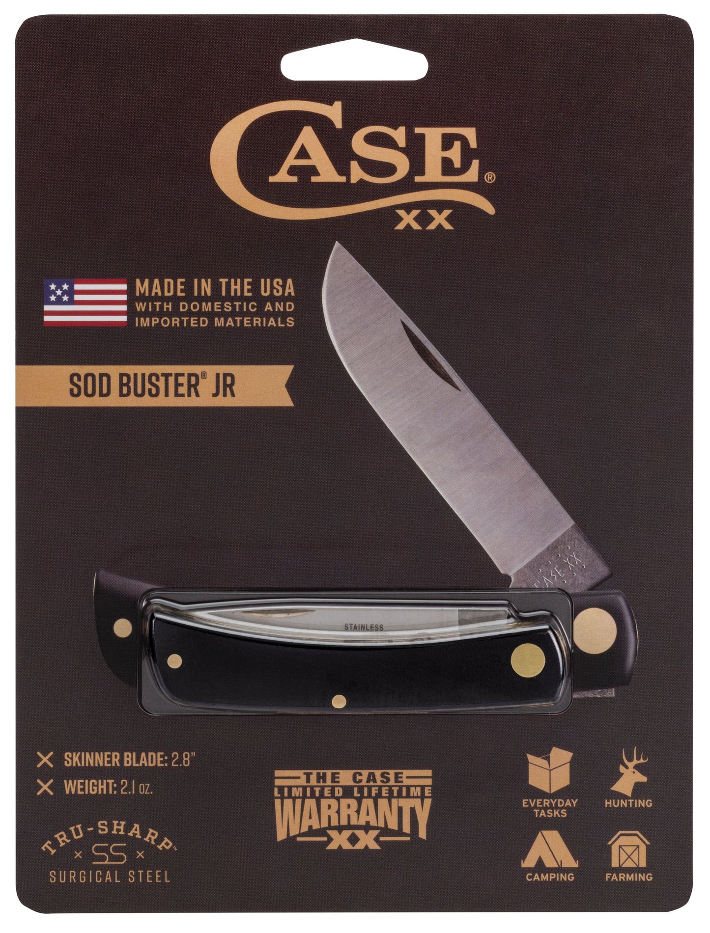 Case 00095 Sod Buster Jr pocket knife with smooth black synthetic handle and stainless skinner blade — ClassicBlades