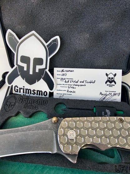 Grimsmo Norseman #1003 Early Production / RWL-34 Acid Etched and Tumbled Blade / Silver Honeycomb Titanium Handles