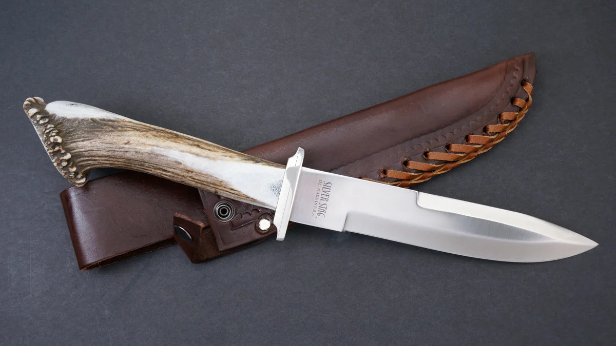 Silver Stag PB8.0 Pacific Bowie crown antler handle showing hand shaped and polished natural antler grain — ClassicBlades