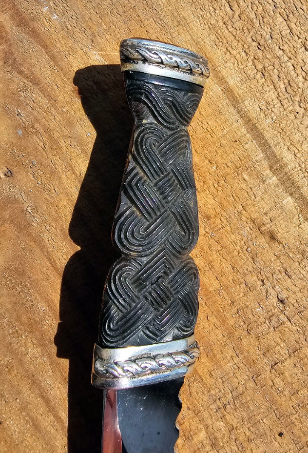 Vintage 1949 Scottish Sgian Dubh Silver Ornate Accents Jewelled End Carved Bone Handle
