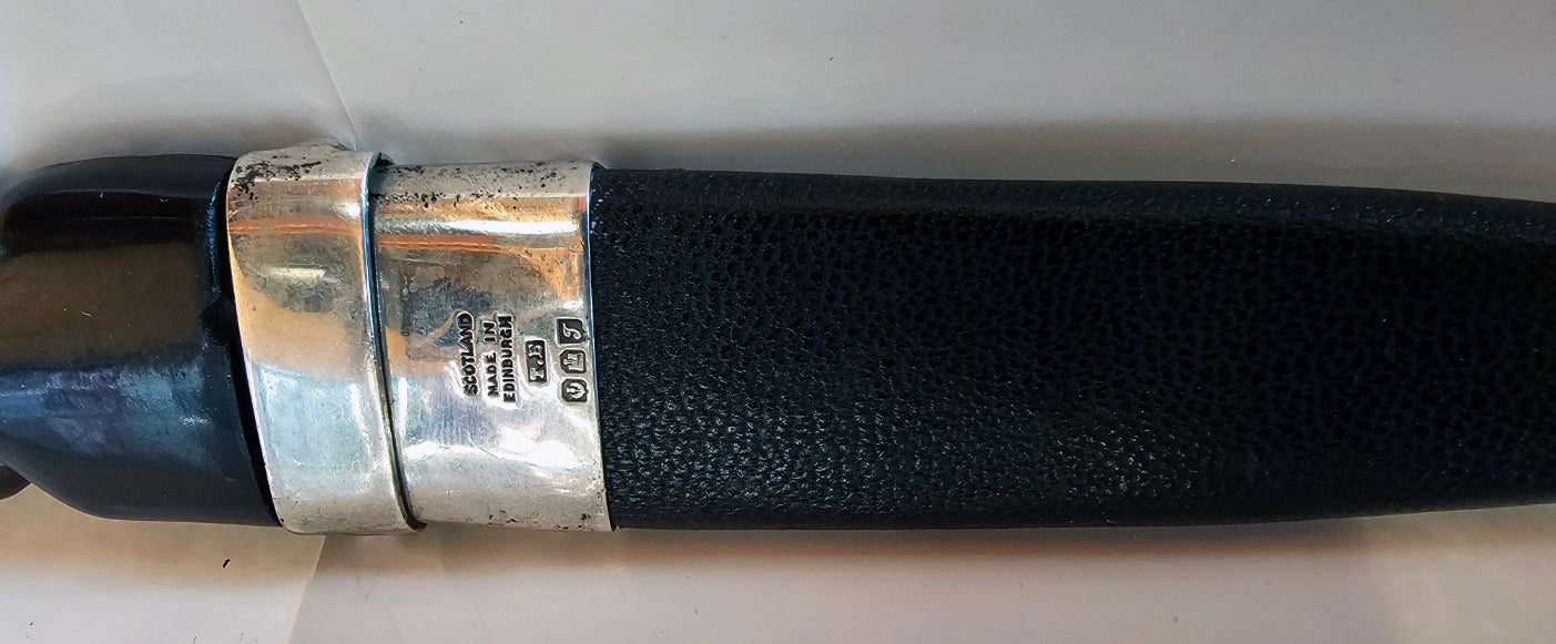 Vintage 1949 Scottish Sgian Dubh Silver Ornate Accents Jewelled End Carved Bone Handle