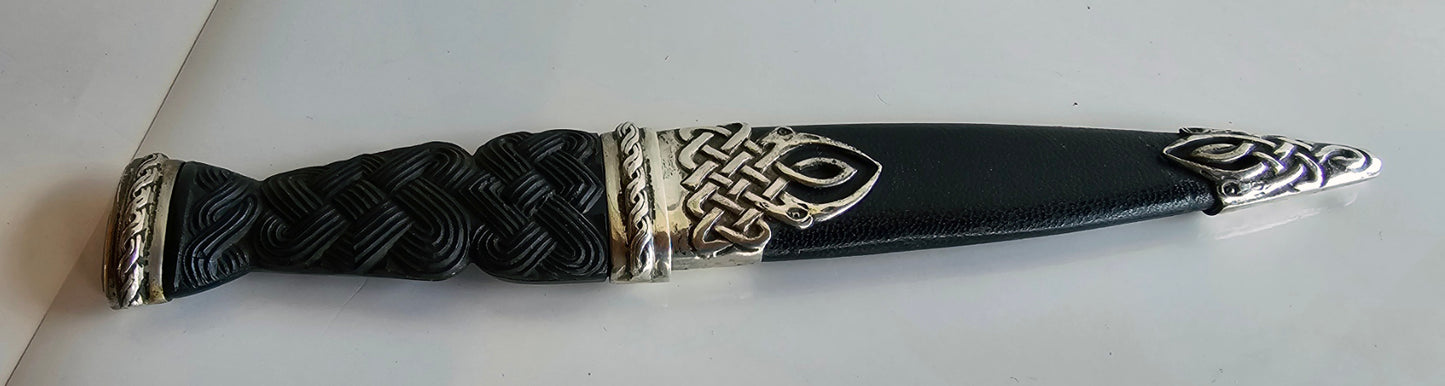 Vintage 1949 Scottish Sgian Dubh Silver Ornate Accents Jewelled End Carved Bone Handle