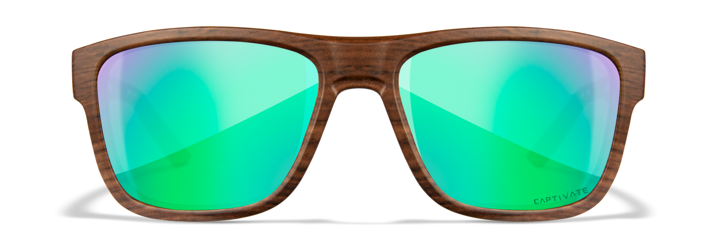 Wiley X WX OVATION Matte Woodgrain Frame / CAPTIVATE™ Polarized Green Mirror Lenses AC6OVN07