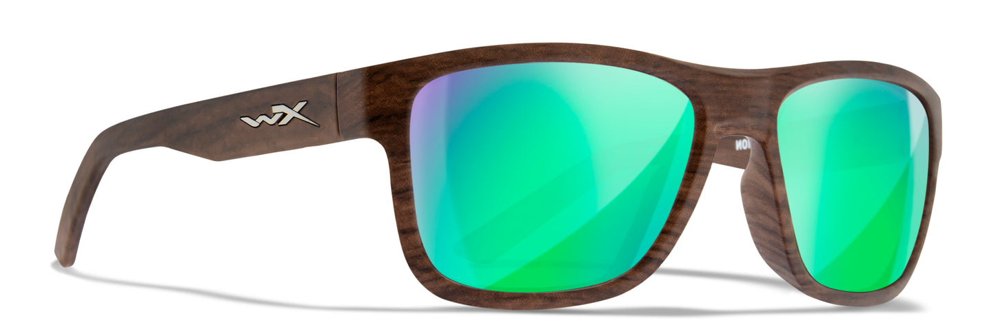Wiley X WX OVATION Matte Woodgrain Frame / CAPTIVATE™ Polarized Green Mirror Lenses AC6OVN07