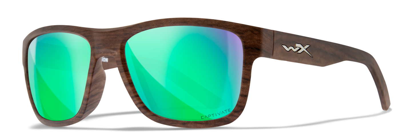 Wiley X WX OVATION Matte Woodgrain Frame / CAPTIVATE™ Polarized Green Mirror Lenses AC6OVN07