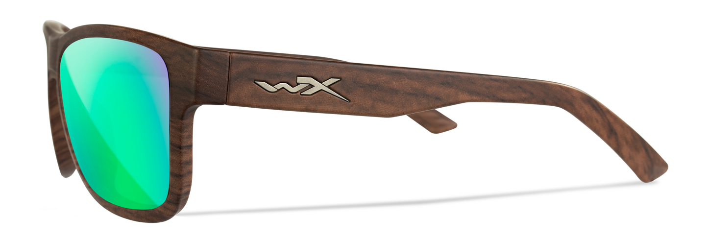 Wiley X WX OVATION Matte Woodgrain Frame / CAPTIVATE™ Polarized Green Mirror Lenses AC6OVN07