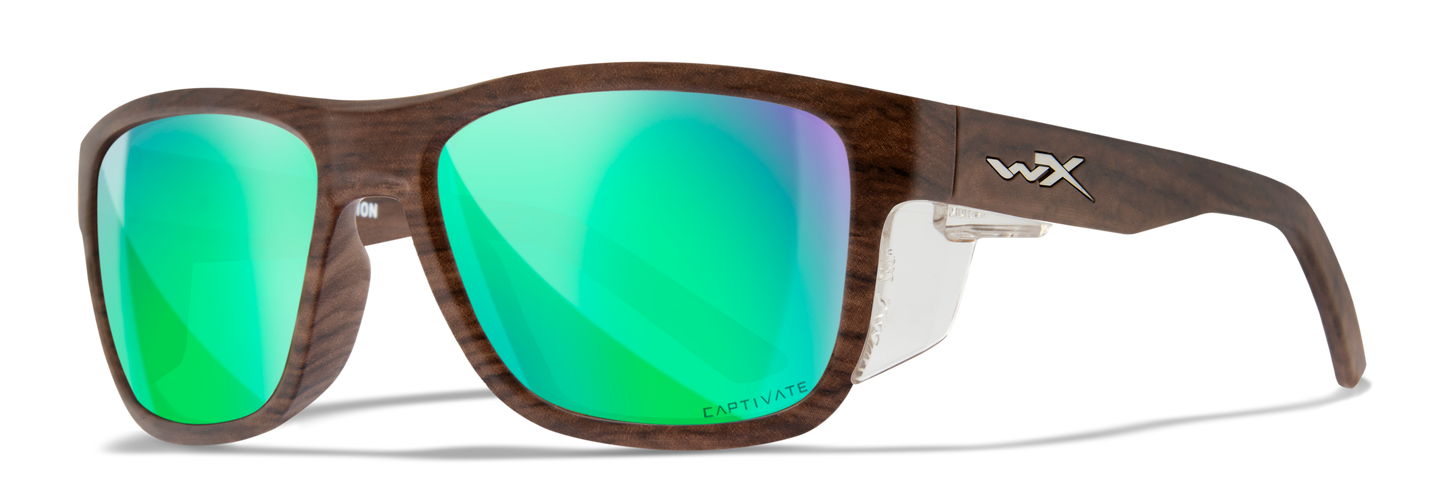 Wiley X WX OVATION Matte Woodgrain Frame / CAPTIVATE™ Polarized Green Mirror Lenses AC6OVN07