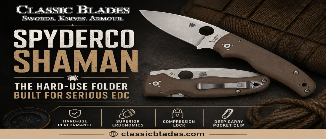 Spyderco Shaman hard-use folding knife for serious EDC, featuring brown handle, compression lock and pocket clip.