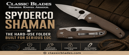 Spyderco Shaman hard-use folding knife for serious EDC, featuring brown handle, compression lock and pocket clip.