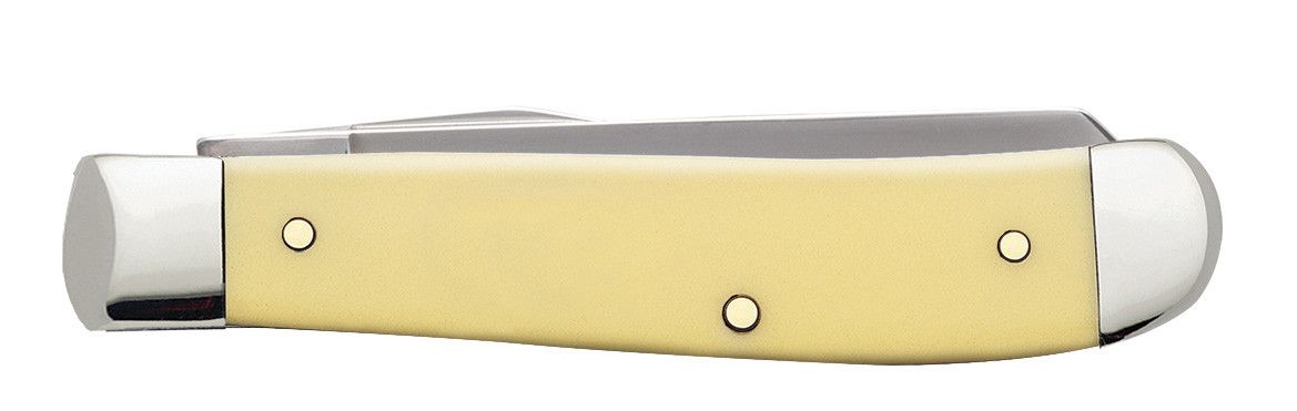 Case 00029 Mini Trapper smooth yellow synthetic handle detail with nickel silver bolsters — ClassicBlades